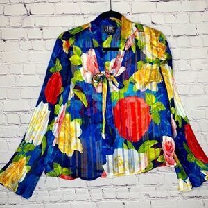 The Moon Floral Bell Sleeve‎ Tie Neck Colorful Semi -Sheer Blouse S Blue Multi